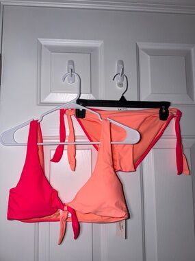 Reversible Two-Tone Tie Bikini Set - Pink & Peach